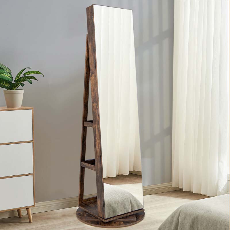 360° Swivel Jewelry Armoire with Full-Length Mirror, Lockable Jewelry Cabinet Standing Organizer w/Rear Storage Shelves 3-Color LED Lights