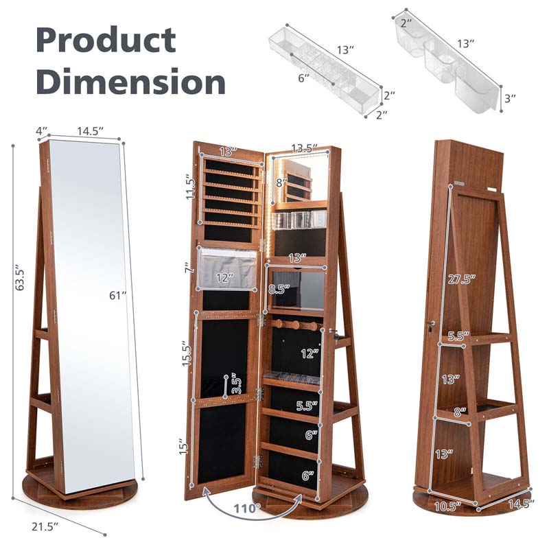 360° Swivel Jewelry Armoire with Full-Length Mirror, Lockable Jewelry Cabinet Standing Organizer w/Rear Storage Shelves 3-Color LED Lights