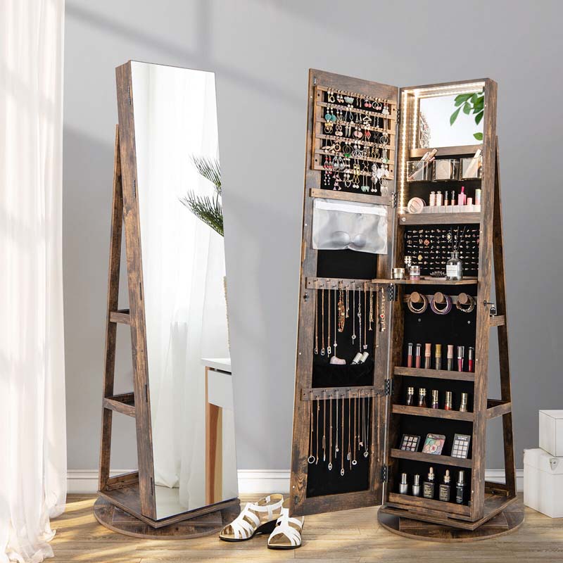 360° Swivel Jewelry Armoire with Full-Length Mirror, Lockable Jewelry Cabinet Standing Organizer w/Rear Storage Shelves 3-Color LED Lights