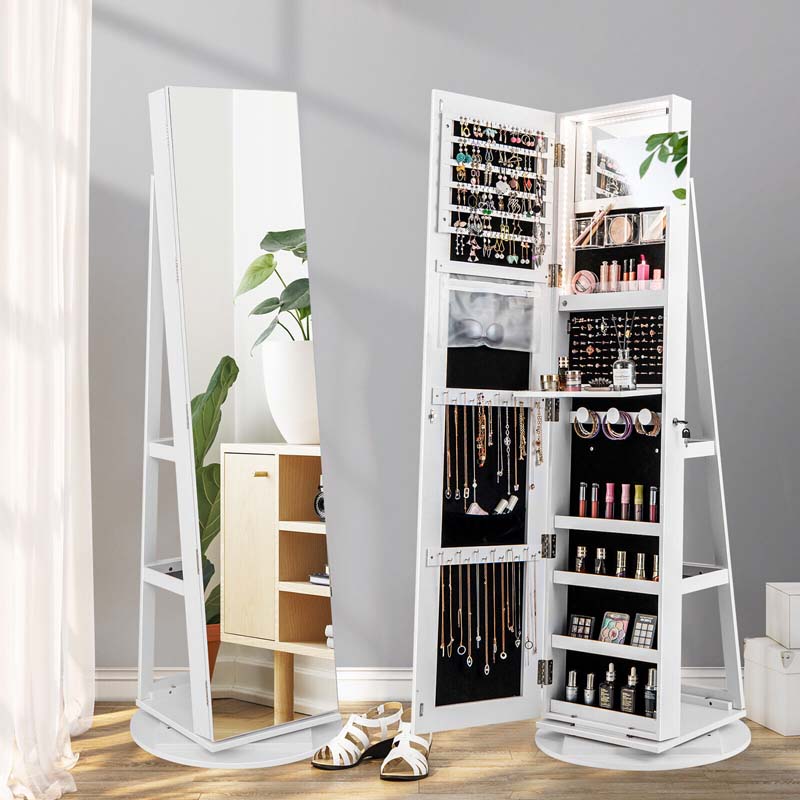 360° Swivel Jewelry Armoire with Full-Length Mirror, Lockable Jewelry Cabinet Standing Organizer w/Rear Storage Shelves 3-Color LED Lights