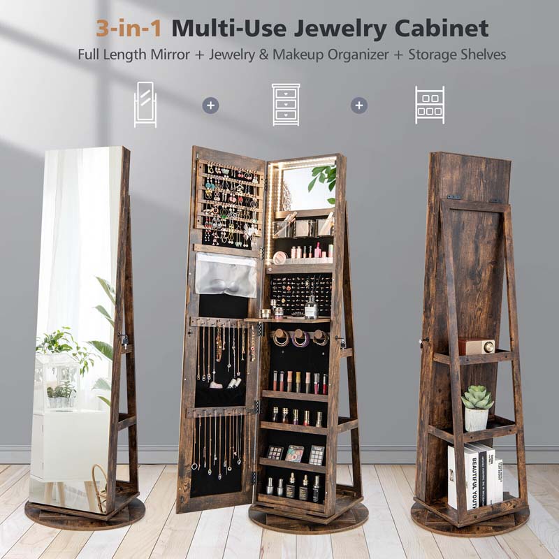 360° Swivel Jewelry Armoire with Full-Length Mirror, Lockable Jewelry Cabinet Standing Organizer w/Rear Storage Shelves 3-Color LED Lights