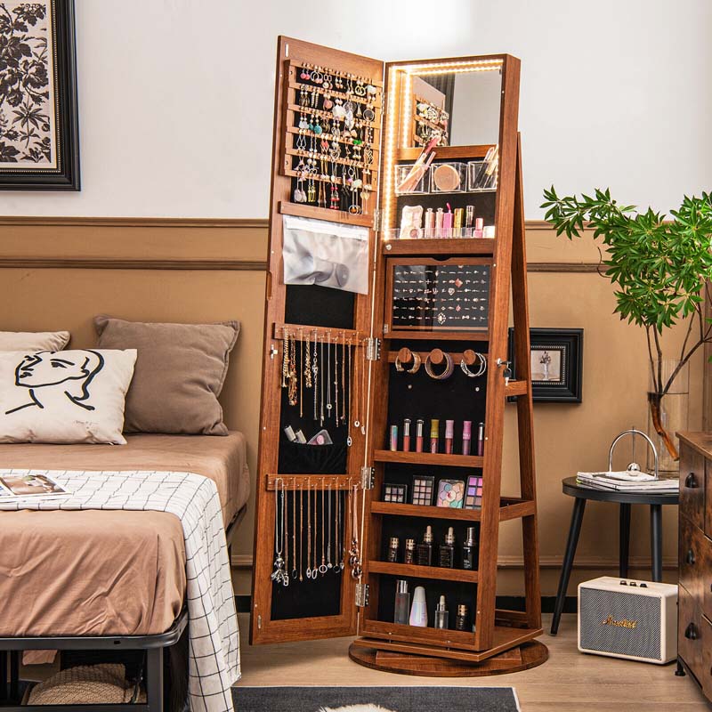 360° Swivel Jewelry Armoire with Full-Length Mirror, Lockable Jewelry Cabinet Standing Organizer w/Rear Storage Shelves 3-Color LED Lights