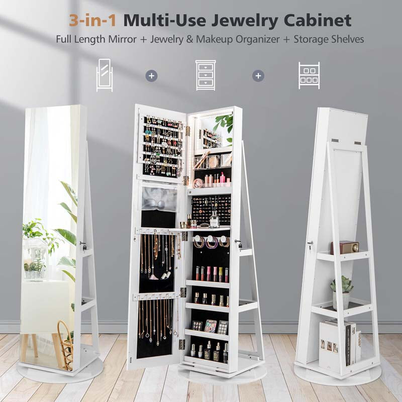 360° Swivel Jewelry Armoire with Full-Length Mirror, Lockable Jewelry Cabinet Standing Organizer w/Rear Storage Shelves 3-Color LED Lights