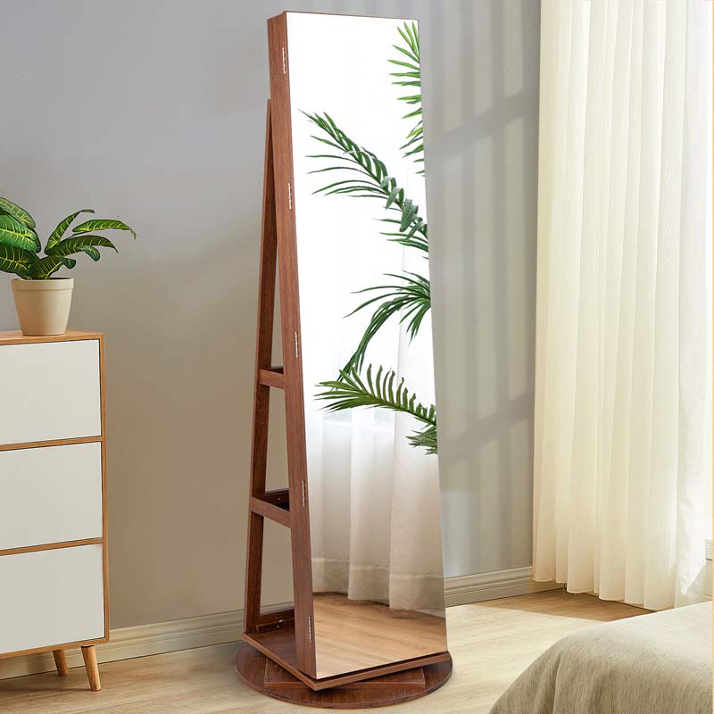 360° Swivel Jewelry Armoire with Full-Length Mirror, Lockable Jewelry Cabinet Standing Organizer w/Rear Storage Shelves 3-Color LED Lights