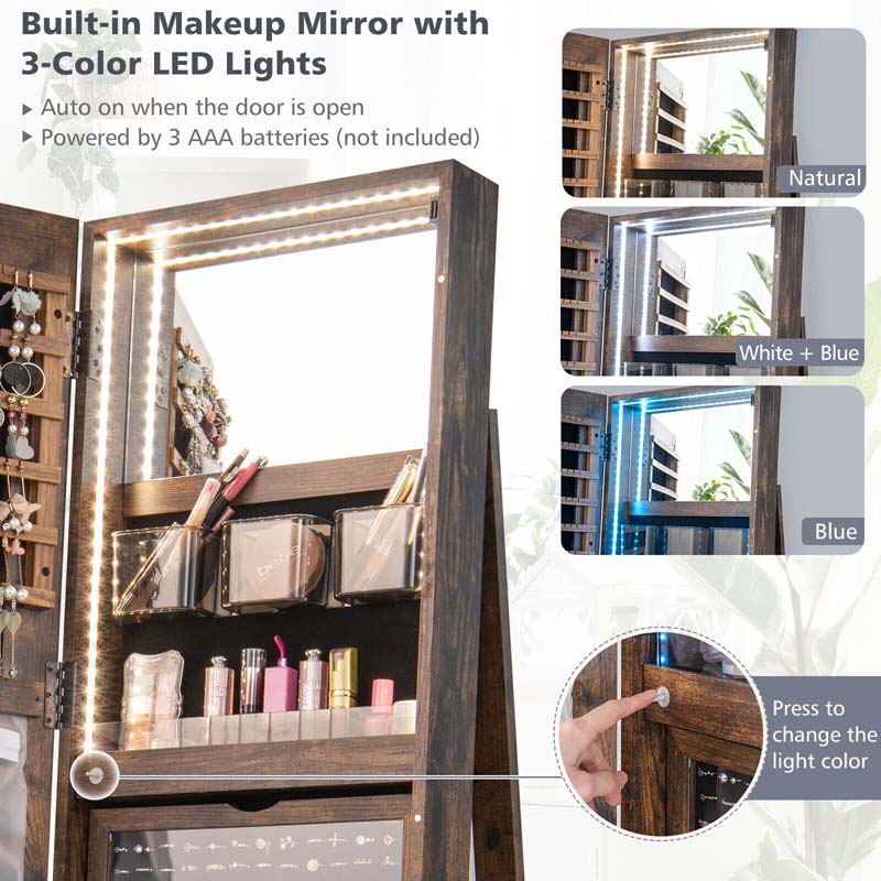 360° Swivel Jewelry Armoire with Full-Length Mirror, Lockable Jewelry Cabinet Standing Organizer w/Rear Storage Shelves 3-Color LED Lights
