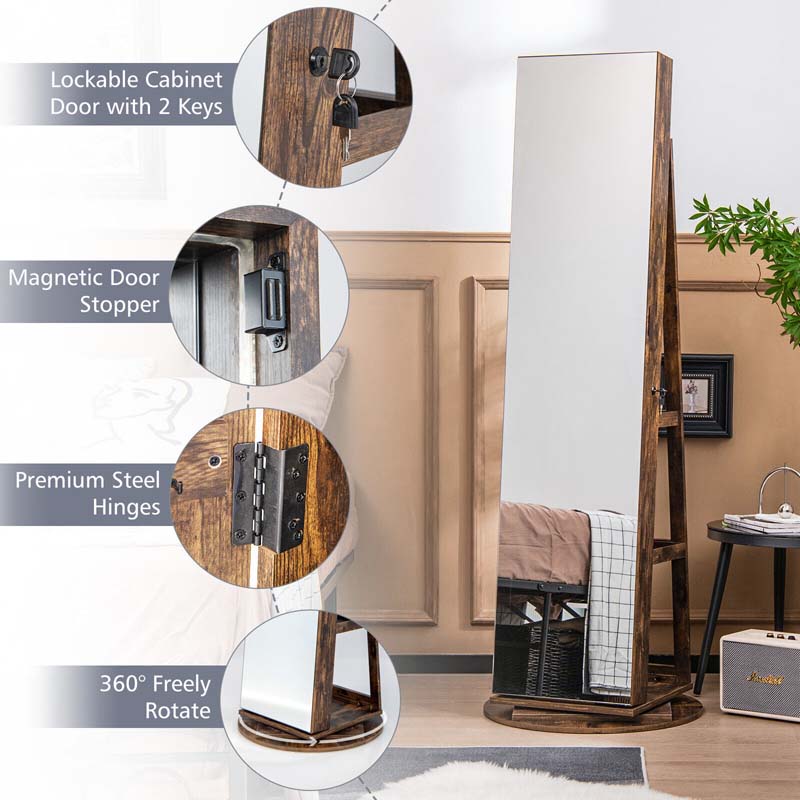 360° Swivel Jewelry Armoire with Full-Length Mirror, Lockable Jewelry Cabinet Standing Organizer w/Rear Storage Shelves 3-Color LED Lights