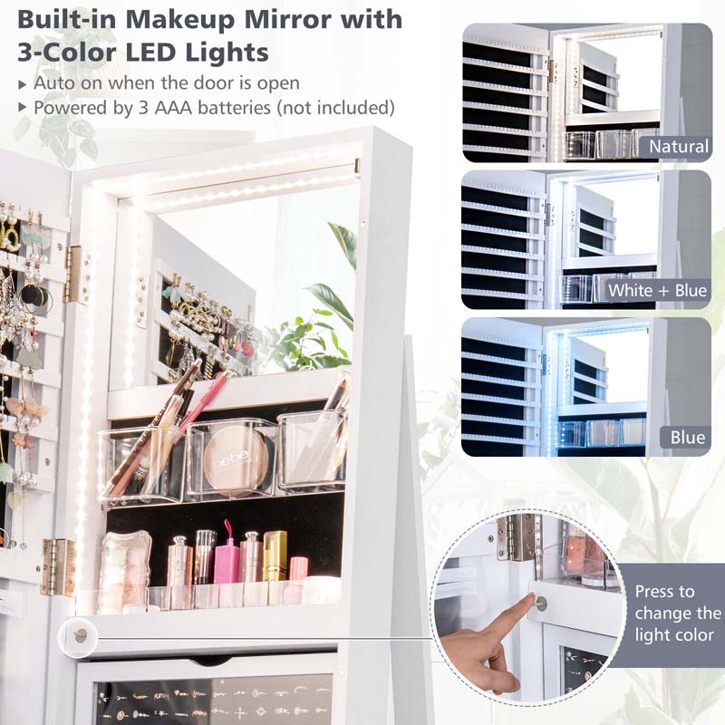 360° Swivel Jewelry Armoire with Full-Length Mirror, Lockable Jewelry Cabinet Standing Organizer w/Rear Storage Shelves 3-Color LED Lights