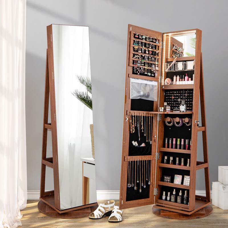 360° Swivel Jewelry Armoire with Full-Length Mirror, Lockable Jewelry Cabinet Standing Organizer w/Rear Storage Shelves 3-Color LED Lights