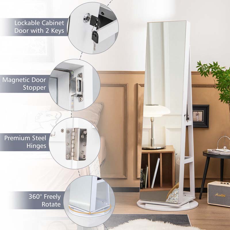 360° Swivel Jewelry Armoire with Full-Length Mirror, Lockable Jewelry Cabinet Standing Organizer w/Rear Storage Shelves 3-Color LED Lights