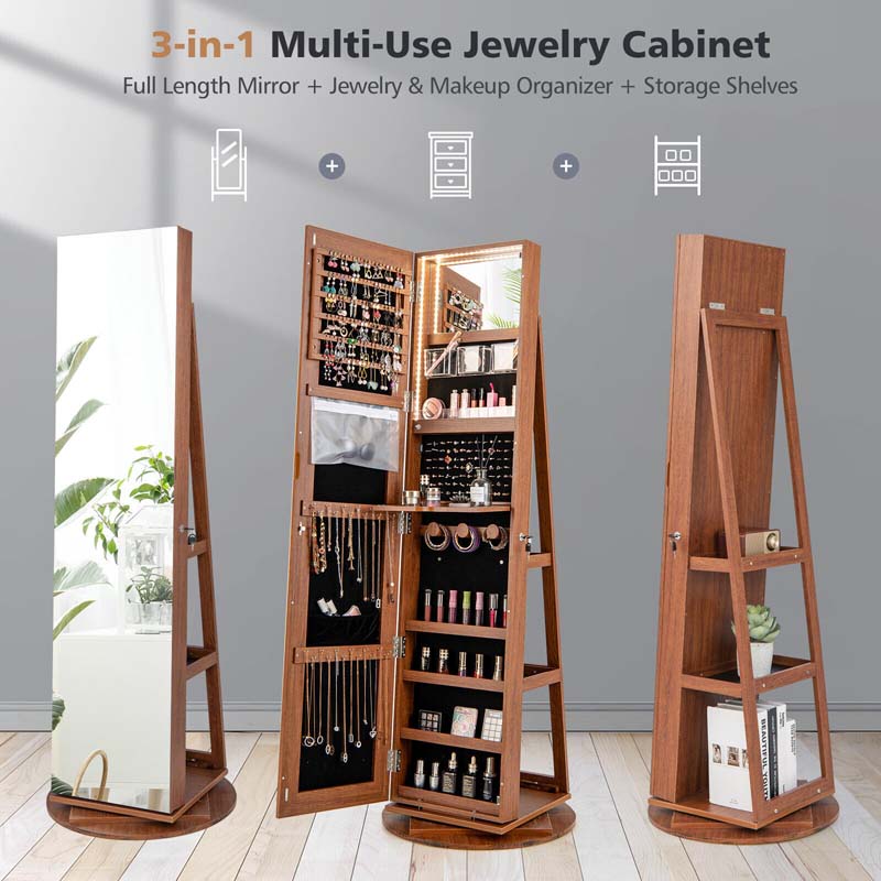 360° Swivel Jewelry Armoire with Full-Length Mirror, Lockable Jewelry Cabinet Standing Organizer w/Rear Storage Shelves 3-Color LED Lights