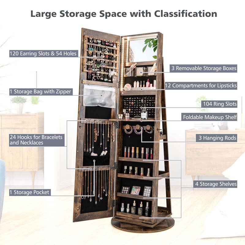 360° Swivel Jewelry Armoire with Full-Length Mirror, Lockable Jewelry Cabinet Standing Organizer w/Rear Storage Shelves 3-Color LED Lights
