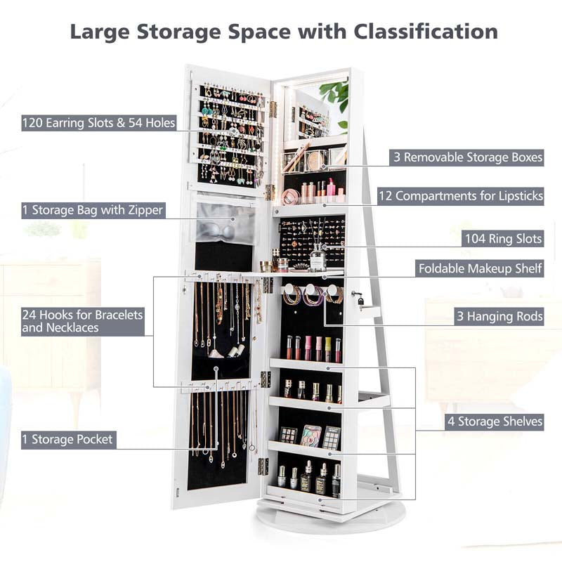 360° Swivel Jewelry Armoire with Full-Length Mirror, Lockable Jewelry Cabinet Standing Organizer w/Rear Storage Shelves 3-Color LED Lights