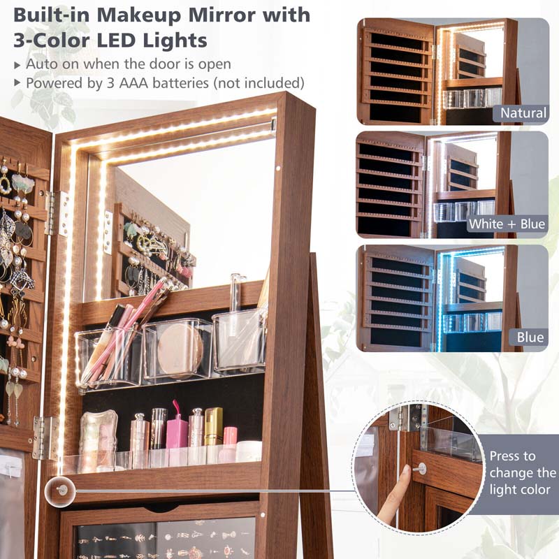 360° Swivel Jewelry Armoire with Full-Length Mirror, Lockable Jewelry Cabinet Standing Organizer w/Rear Storage Shelves 3-Color LED Lights