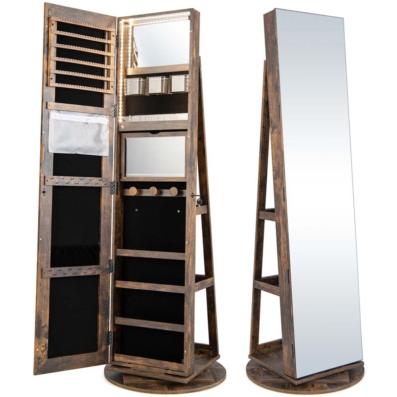 360° Swivel Jewelry Armoire with Full-Length Mirror, Lockable Jewelry Cabinet Standing Organizer w/Rear Storage Shelves 3-Color LED Lights