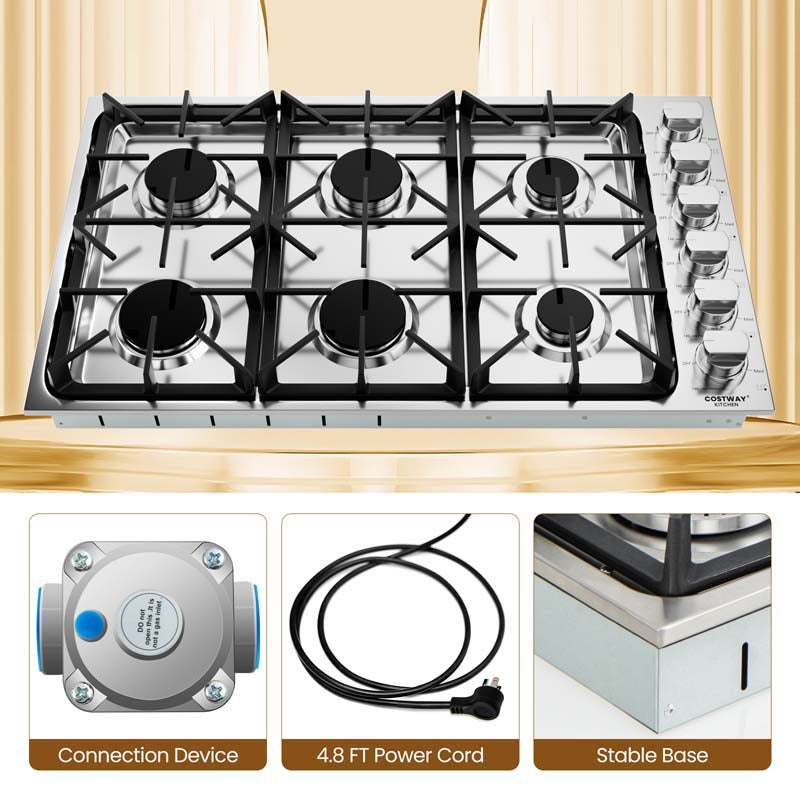 30/36" Gas Cooktop Stainless Steel Gas Stove Top with 4/6 Sealed Burners, ABS Knobs, NG/LP Convertible Gas Range Top for Kitchen