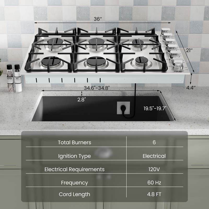 30/36" Gas Cooktop Stainless Steel Gas Stove Top with 4/6 Sealed Burners, ABS Knobs, NG/LP Convertible Gas Range Top for Kitchen