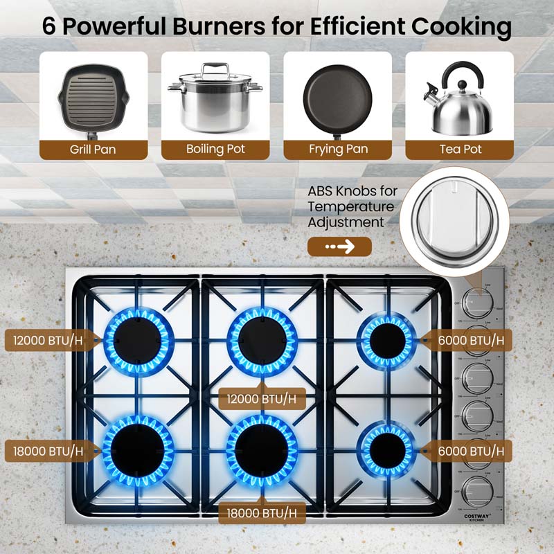 30/36" Gas Cooktop Stainless Steel Gas Stove Top with 4/6 Sealed Burners, ABS Knobs, NG/LP Convertible Gas Range Top for Kitchen