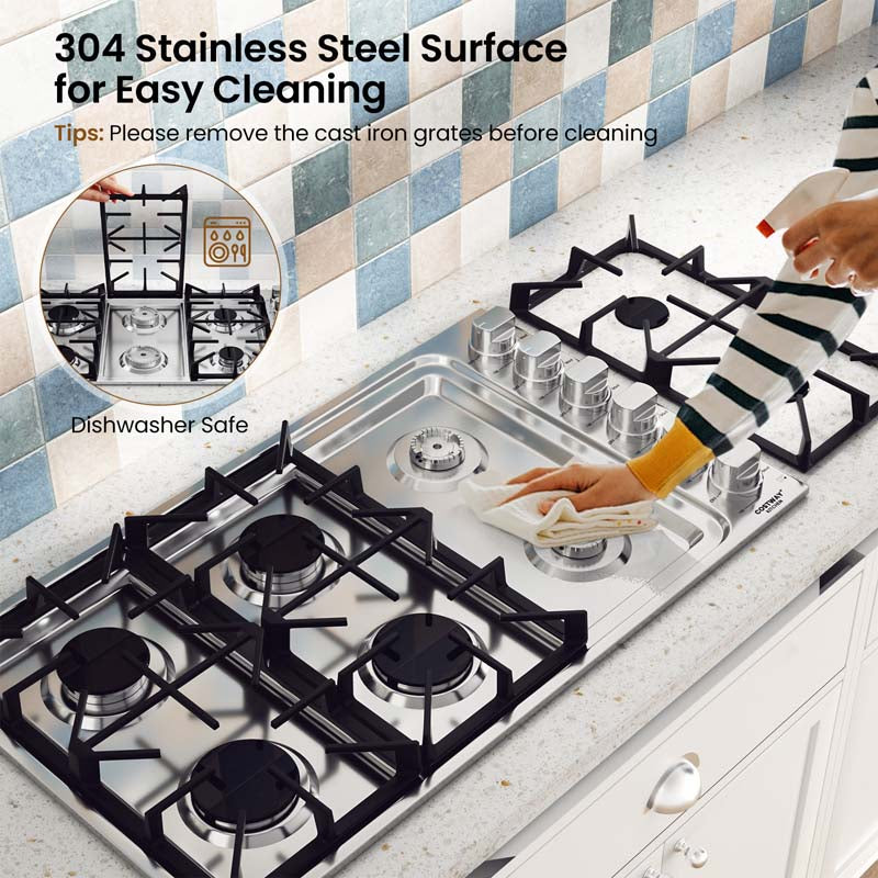 30/36" Gas Cooktop Stainless Steel Gas Stove Top with 4/6 Sealed Burners, ABS Knobs, NG/LP Convertible Gas Range Top for Kitchen