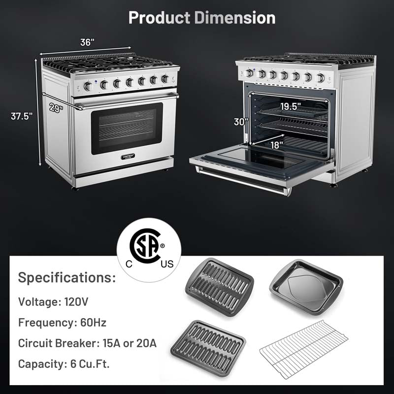 36" Freestanding Dual Fuels Natural Gas Range with 6 Burners Cooktop & 6 Cu.Ft. Convection Oven, Storage Drawer