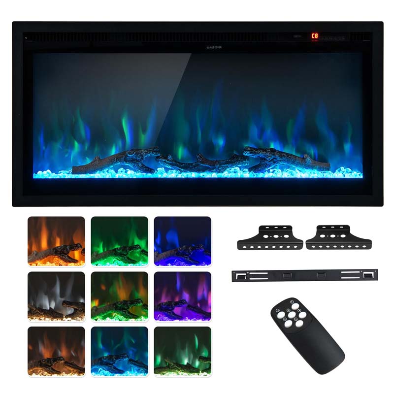 36''/42''/50" Wide Electric Fireplace Recessed/Wall Mounted/Freestanding, 750W/1500W Linear Fireplace Heater Insert with 9 Flame Color