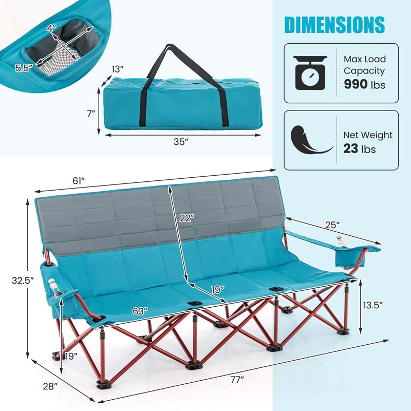 3-Person Folding Oversized Camping Couch Chair w/Cup Holders & Thick Padding, Outdoor Lawn Chair for Beach Picnic Travel