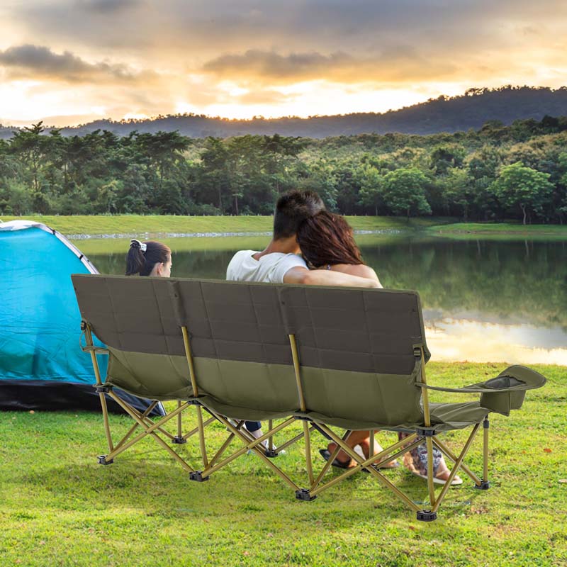 3-Person Folding Oversized Camping Couch Chair w/Cup Holders & Thick Padding, Outdoor Lawn Chair for Beach Picnic Travel