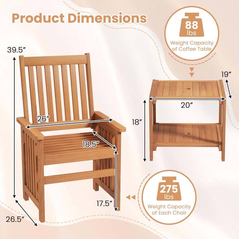 3Pcs Patio Conversation Furniture Set with 1.5" Umbrella Hole, Hardwood Table and Chairs Set for Porch Backyard Poolside