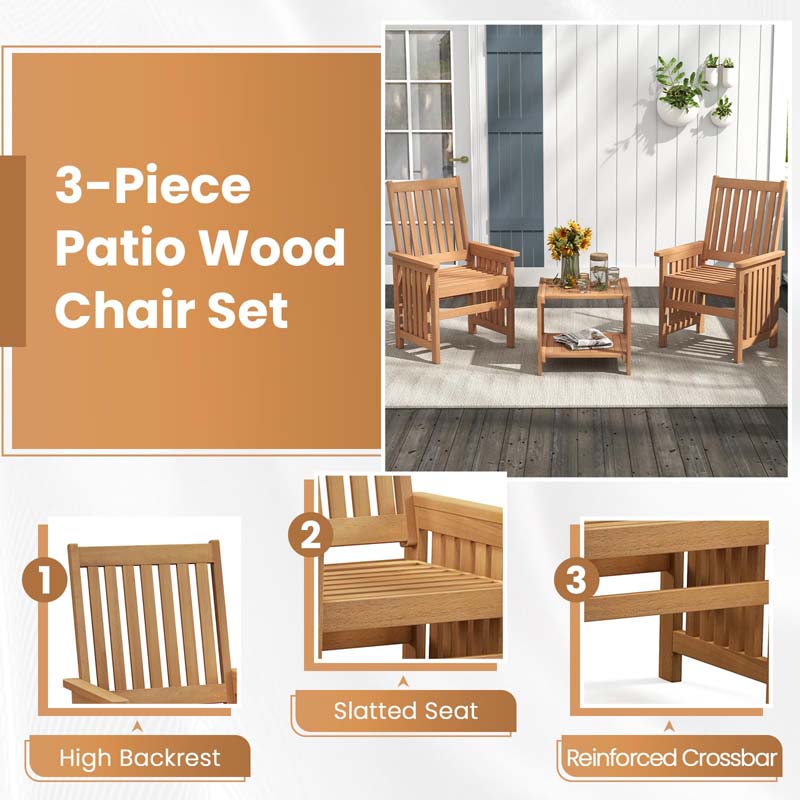 3Pcs Patio Conversation Furniture Set with 1.5" Umbrella Hole, Hardwood Table and Chairs Set for Porch Backyard Poolside