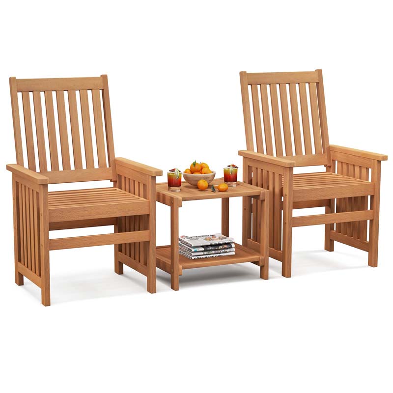 3Pcs Patio Conversation Furniture Set with 1.5" Umbrella Hole, Hardwood Table and Chairs Set for Porch Backyard Poolside