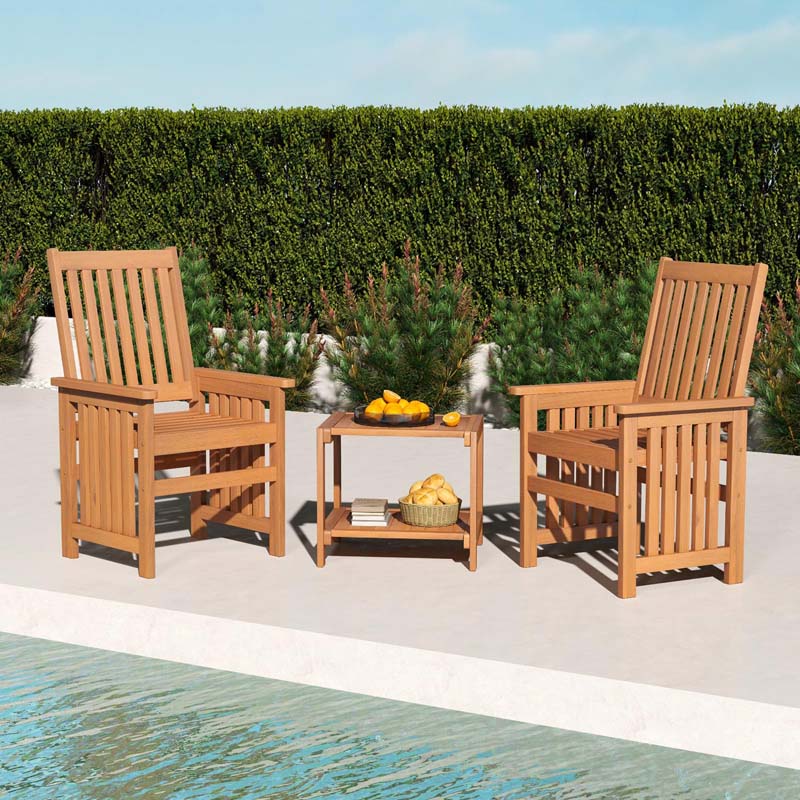 3Pcs Patio Conversation Furniture Set with 1.5" Umbrella Hole, Hardwood Table and Chairs Set for Porch Backyard Poolside