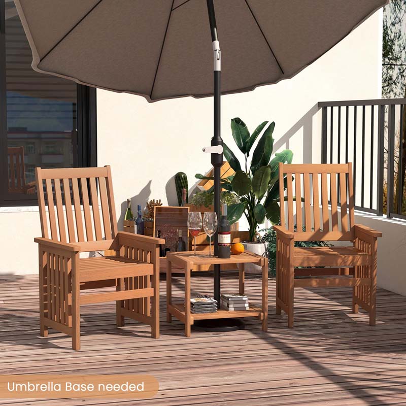 3Pcs Patio Conversation Furniture Set with 1.5" Umbrella Hole, Hardwood Table and Chairs Set for Porch Backyard Poolside