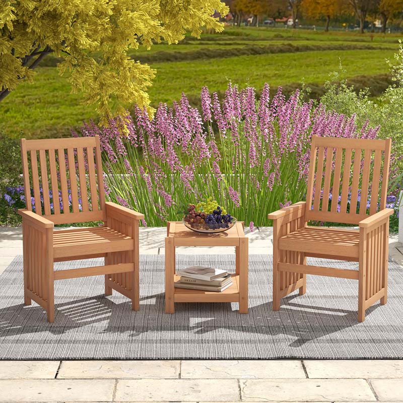 3Pcs Patio Conversation Furniture Set with 1.5" Umbrella Hole, Hardwood Table and Chairs Set for Porch Backyard Poolside