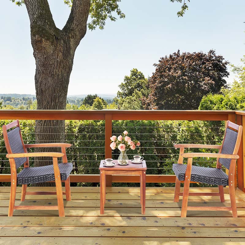 3 Pcs Rattan Patio Bistro Set Acacia Wood Outdoor Conversation Set with 2 Chairs & 1 Side Table