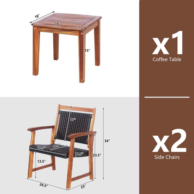 3 Pcs Rattan Patio Bistro Set Acacia Wood Outdoor Conversation Set with 2 Chairs & 1 Side Table