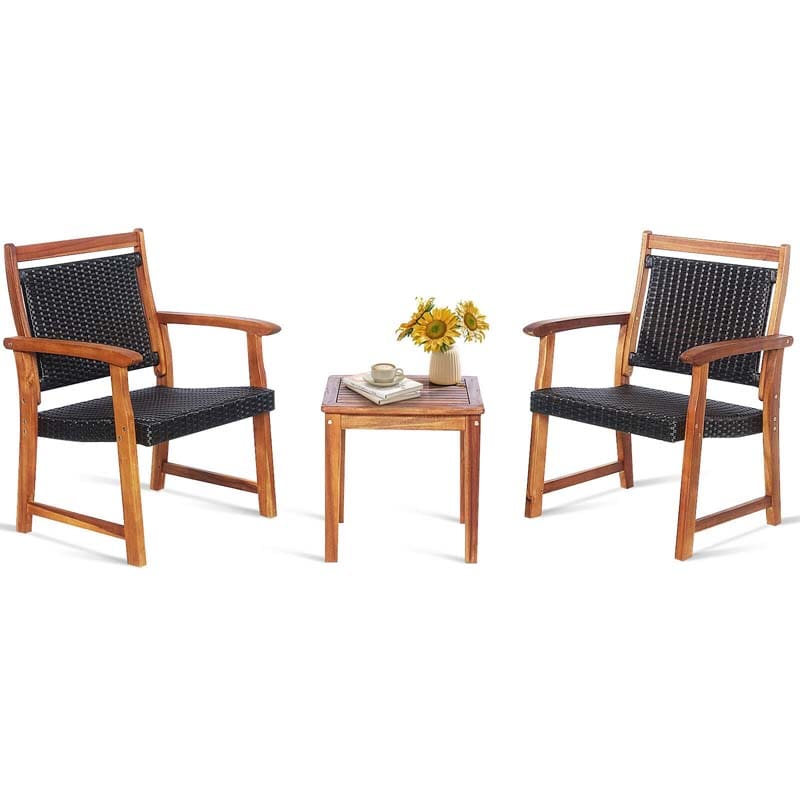 3 Pcs Rattan Patio Bistro Set Acacia Wood Outdoor Conversation Set with 2 Chairs & 1 Side Table