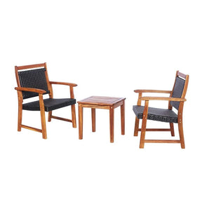 3 Pcs Rattan Patio Bistro Set Acacia Wood Outdoor Conversation Set with 2 Chairs & 1 Side Table