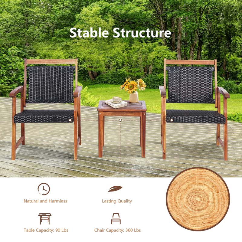 3 Pcs Rattan Patio Bistro Set Acacia Wood Outdoor Conversation Set with 2 Chairs & 1 Side Table