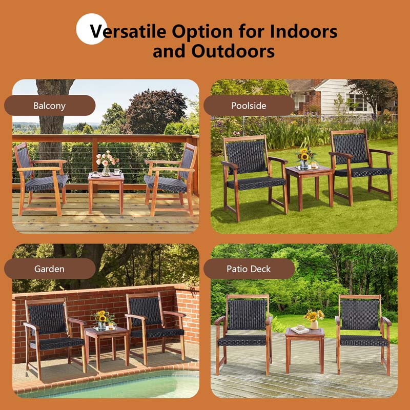 3 Pcs Rattan Patio Bistro Set Acacia Wood Outdoor Conversation Set with 2 Chairs & 1 Side Table