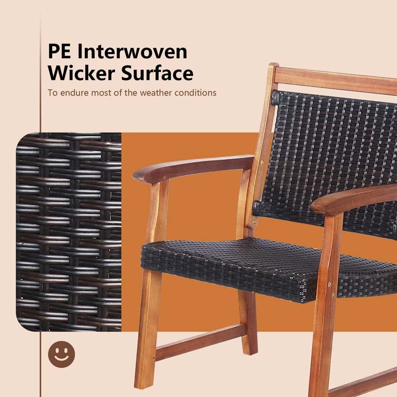 3 Pcs Rattan Patio Bistro Set Acacia Wood Outdoor Conversation Set with 2 Chairs & 1 Side Table