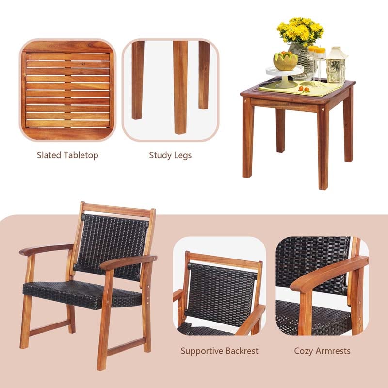 3 Pcs Rattan Patio Bistro Set Acacia Wood Outdoor Conversation Set with 2 Chairs & 1 Side Table