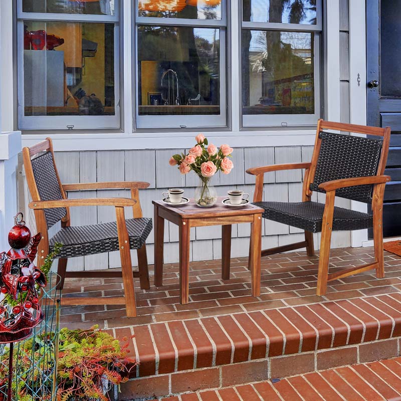 3 Pcs Rattan Patio Bistro Set Acacia Wood Outdoor Conversation Set with 2 Chairs & 1 Side Table