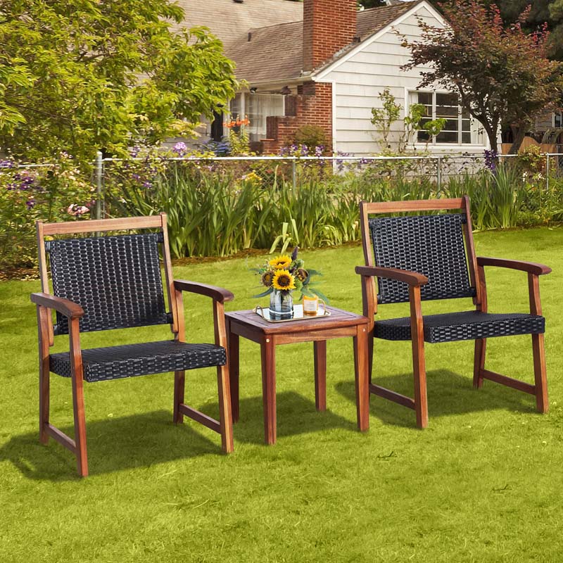 3 Pcs Rattan Patio Bistro Set Acacia Wood Outdoor Conversation Set with 2 Chairs & 1 Side Table