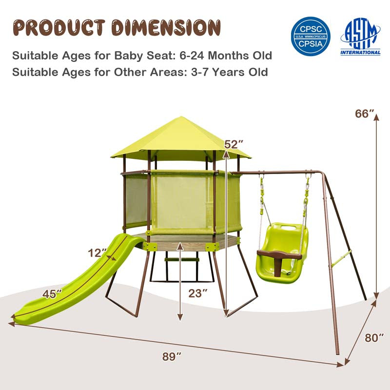 4-in-1 Metal Swing Sets for Backyard, Outdoor Playset with Slide, Baby Swing, Upper Deck with Canopy