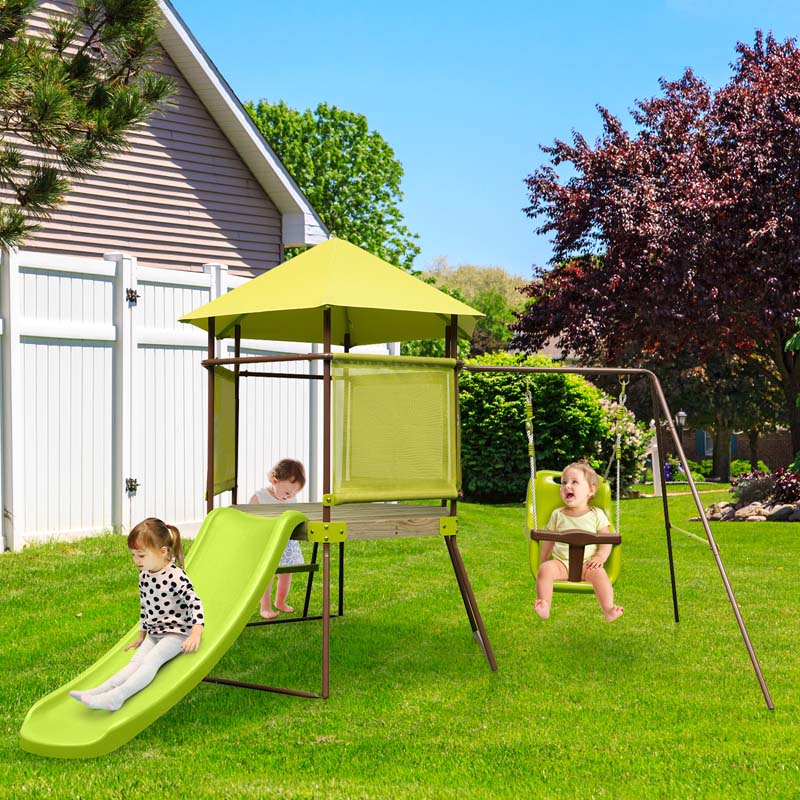 4-in-1 Metal Swing Sets for Backyard, Outdoor Playset with Slide, Baby Swing, Upper Deck with Canopy