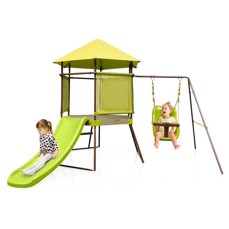 4-in-1 Metal Swing Sets for Backyard, Outdoor Playset with Slide, Baby Swing, Upper Deck with Canopy