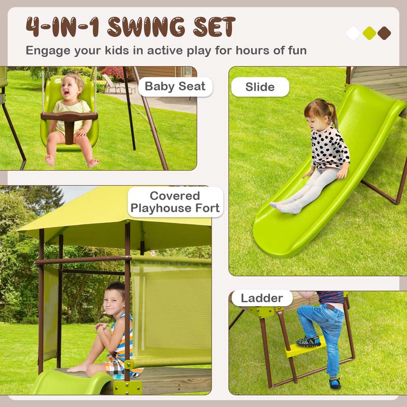 4-in-1 Metal Swing Sets for Backyard, Outdoor Playset with Slide, Baby Swing, Upper Deck with Canopy