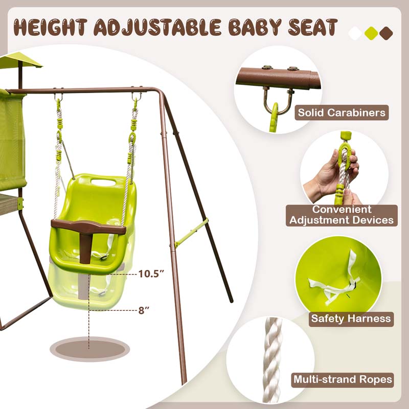 4-in-1 Metal Swing Sets for Backyard, Outdoor Playset with Slide, Baby Swing, Upper Deck with Canopy