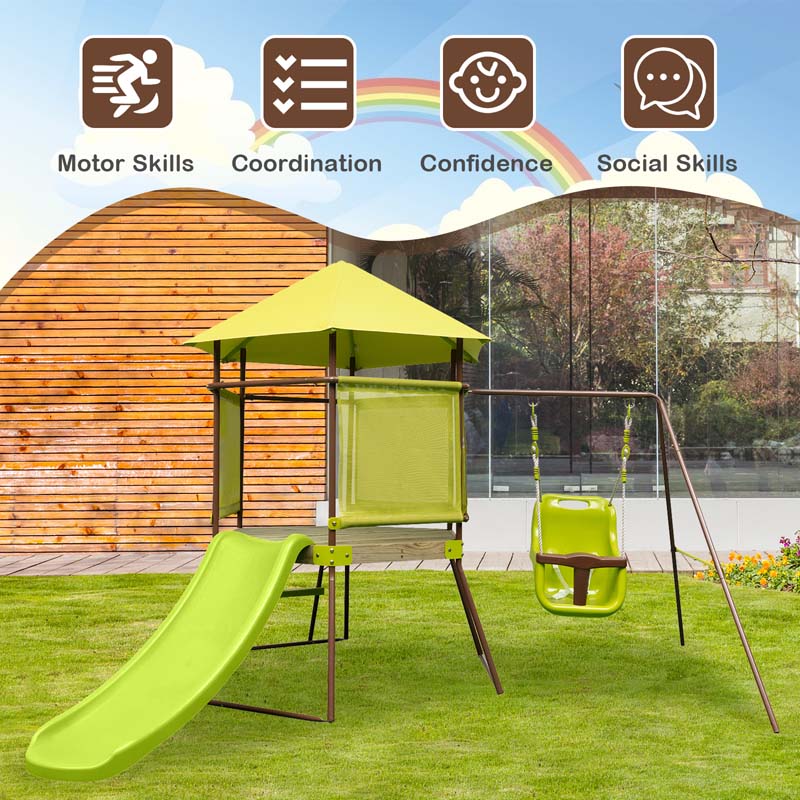 4-in-1 Metal Swing Sets for Backyard, Outdoor Playset with Slide, Baby Swing, Upper Deck with Canopy
