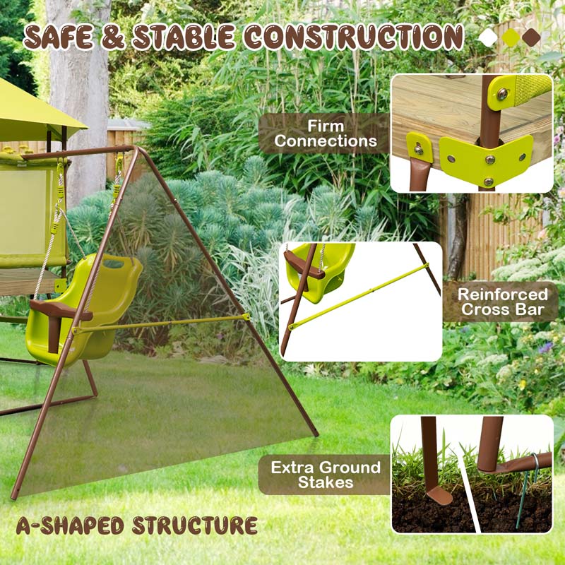 4-in-1 Metal Swing Sets for Backyard, Outdoor Playset with Slide, Baby Swing, Upper Deck with Canopy