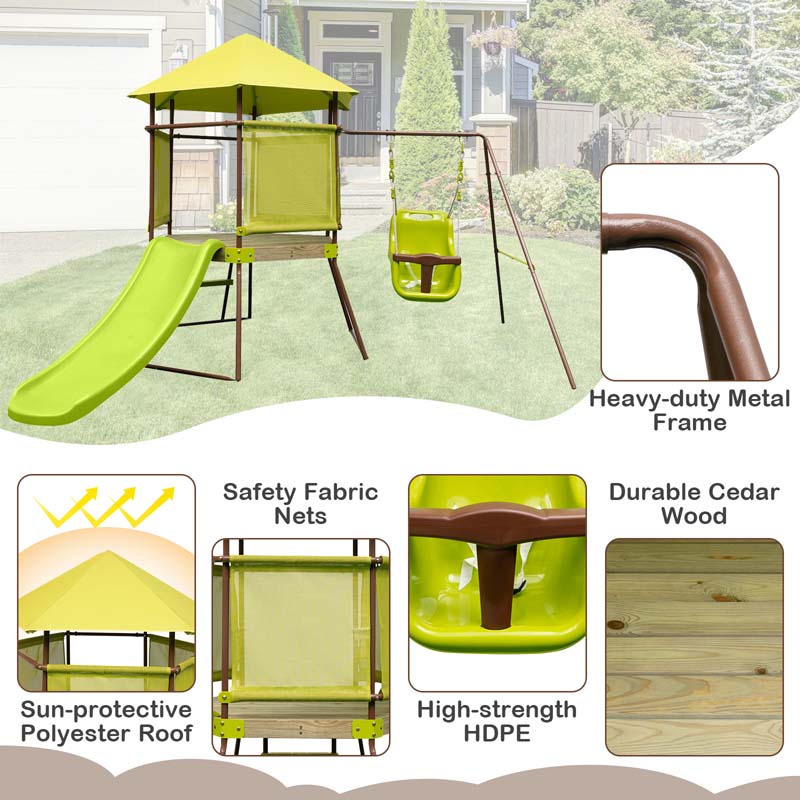 4-in-1 Metal Swing Sets for Backyard, Outdoor Playset with Slide, Baby Swing, Upper Deck with Canopy